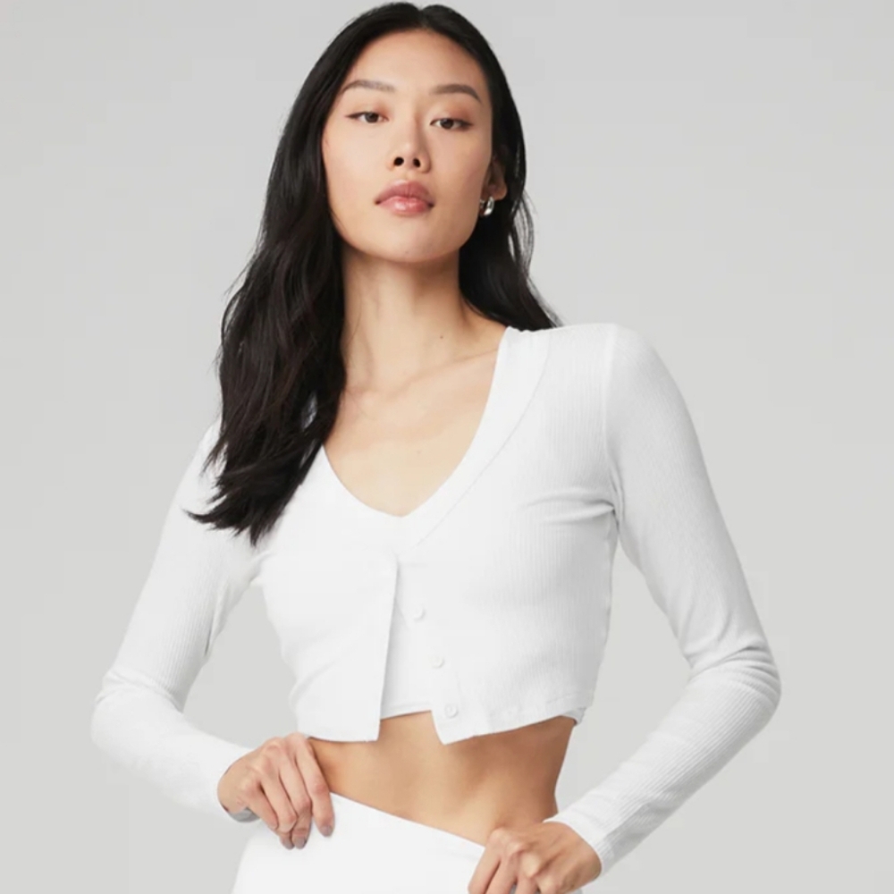 NWOT Alo Yoga Ribbed Whisper Cotton Cropped Cardigan in White